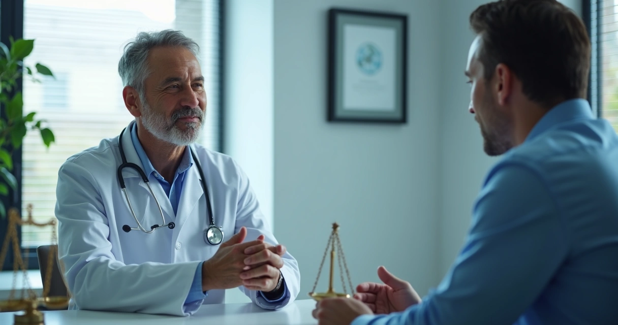 Médico conversando com paciente masculino em consultório moderno, com símbolos de justiça ao fundo 