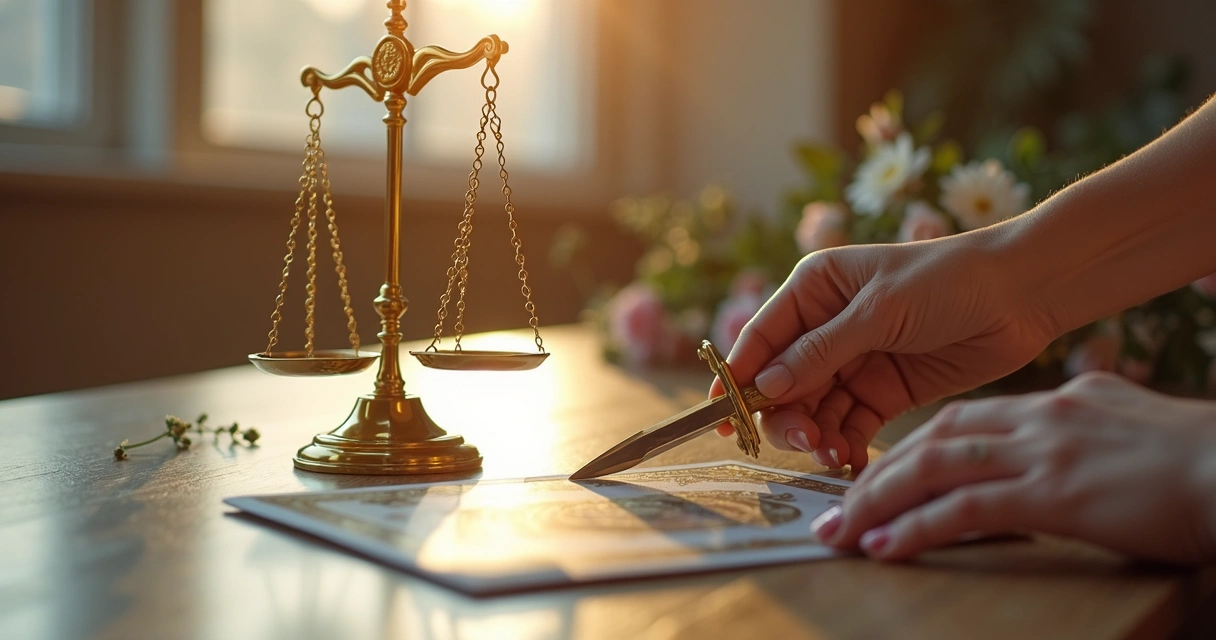 Detalhe da carta Justiça segurando balança e espada, fundo suave e luz natural. 