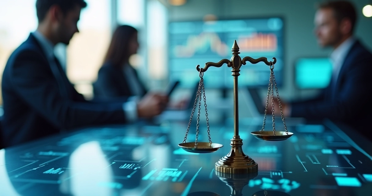 Símbolo da justiça e elementos tecnológicos juntos em escritório 