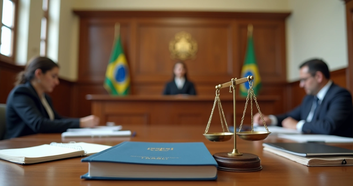 Sala de audiência trabalhista com juíza, advogados e pasta com CLT em destaque 