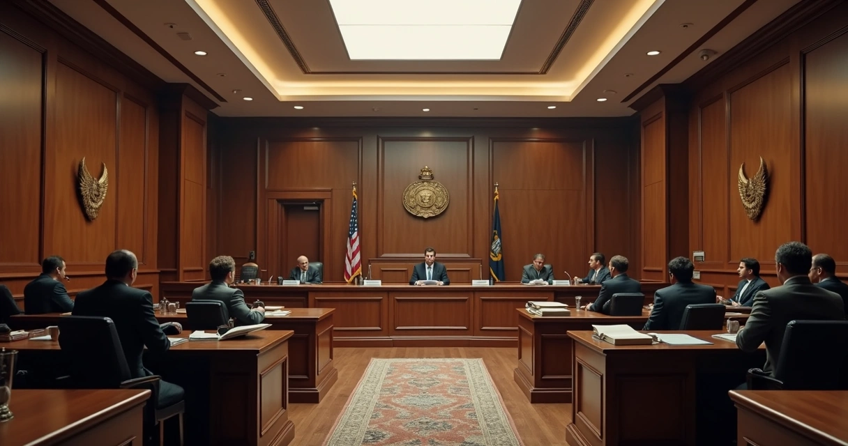 Interior de tribunal brasileiro com juízes e advogados durante julgamento 