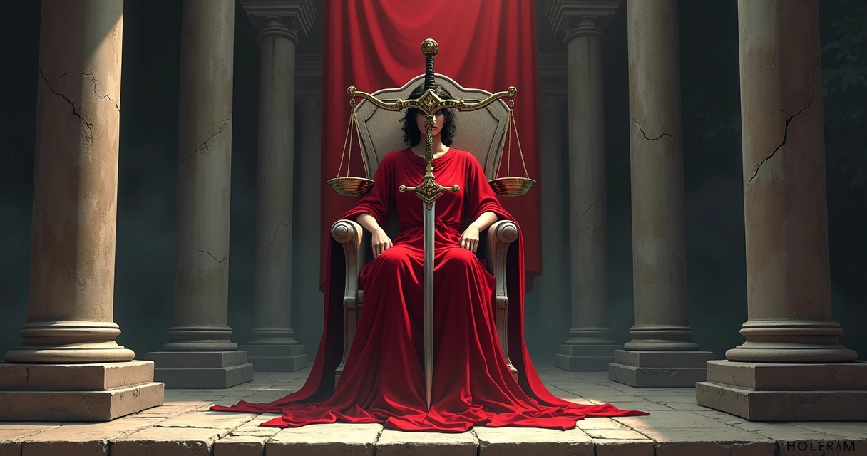 Justice tarot card shown reversed with scales and sword inverted on stone throne 