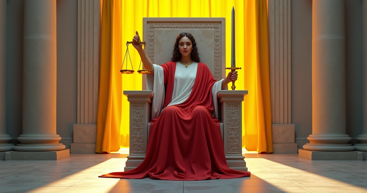 Classic Justice tarot card showing a figure holding a sword and scales, sitting on a stone throne 