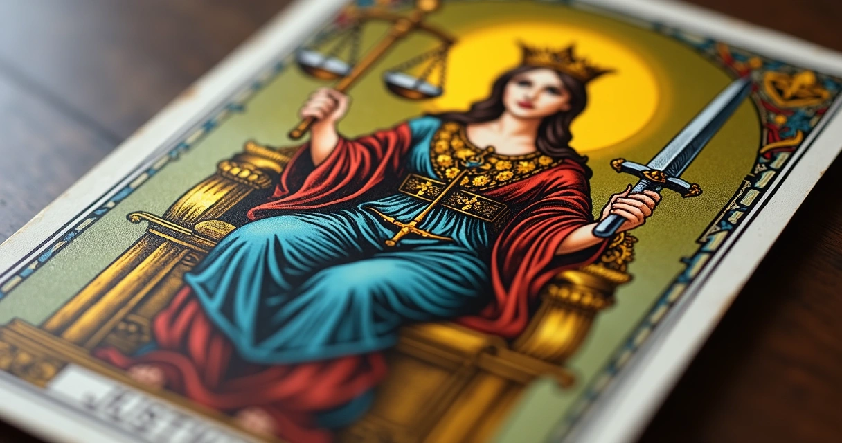 Detailed Justice tarot card showing scales, sword, and symbolic imagery with a golden throne and balanced colors 