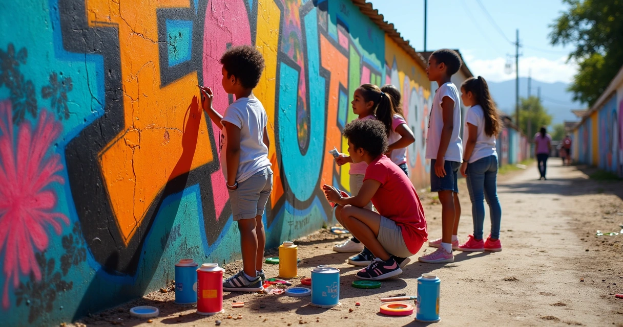 Jovens realizando oficina de grafite em bairro potiguar 