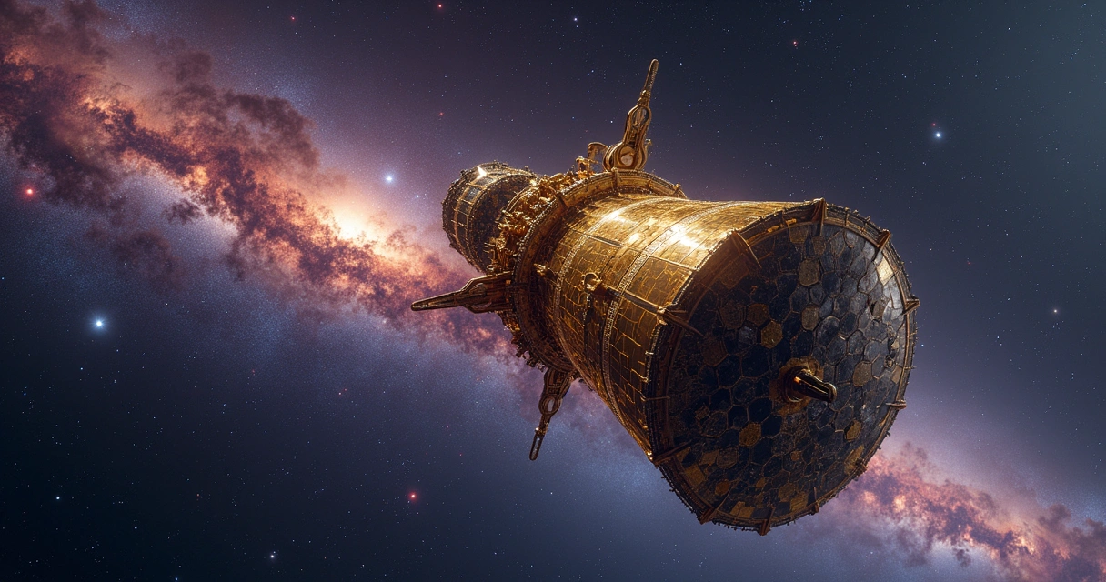 Ilustração realista do telescópio James Webb em órbita cósmica, com fundo de estrelas coloridas