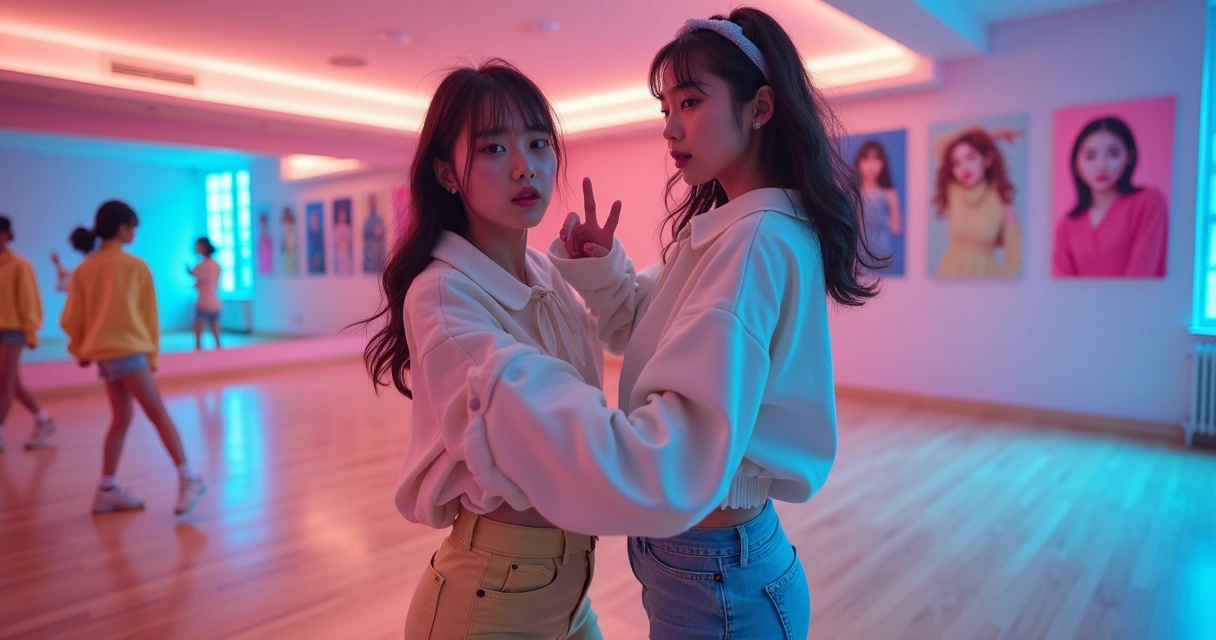 Duas garotas com roupas de idol de K-pop ensaiando coreografia em estúdio colorido moderno