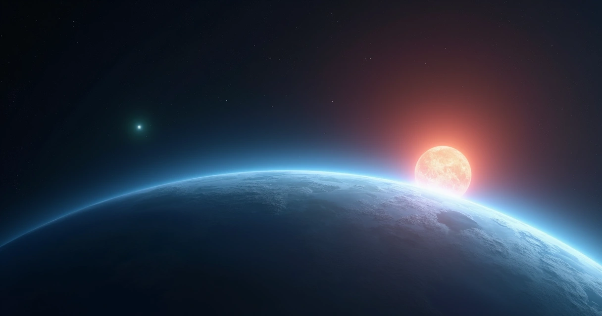 Ilustração realista do exoplaneta K2-18b com atmosfera azulada e estrela brilhando ao fundo 