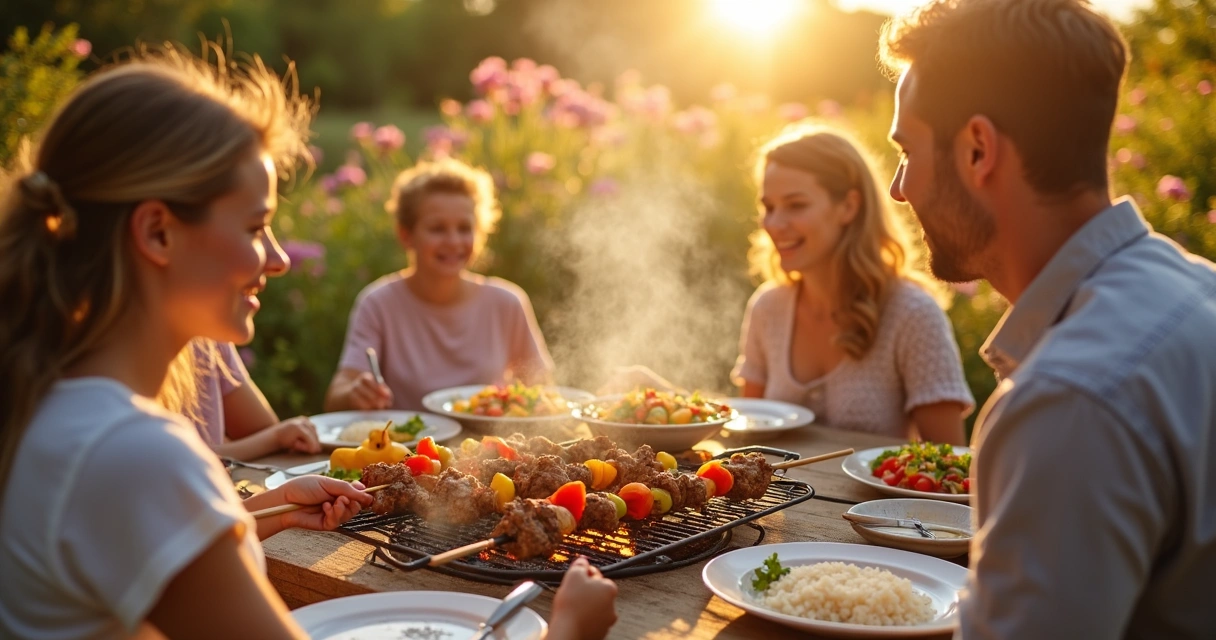Espetos de kabobs coloridos com carne e legumes grelhando em churrasqueira 