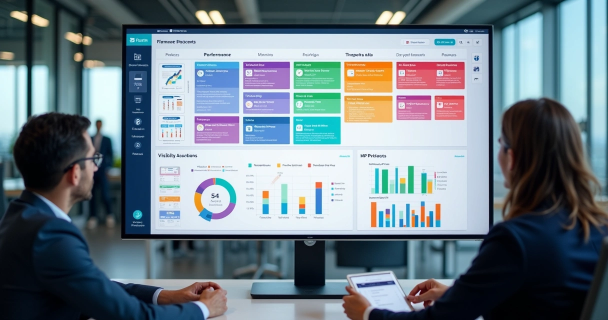 Quadro kamban digital com indicadores de desempenho em tela grande