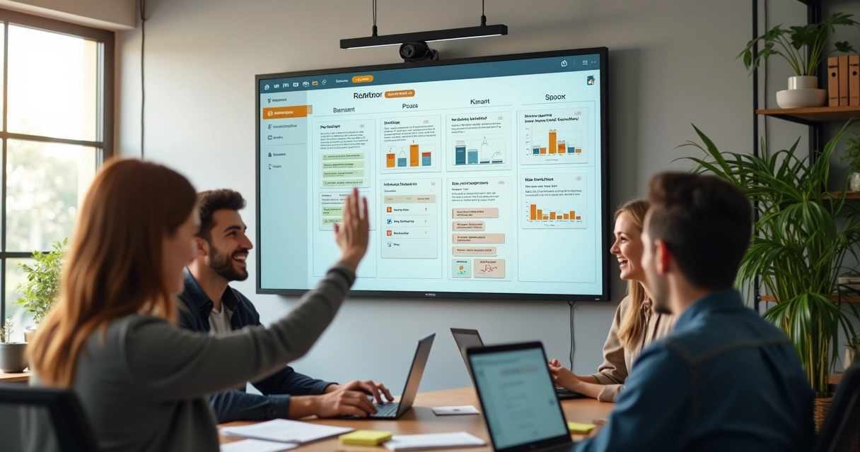 Ambiente corporativo com quadro Kanban moderno mostrando progresso de tarefas 