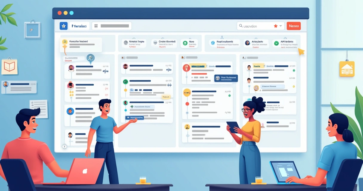 Quadro Kanban de atendimento com cartões de solicitações de clientes
