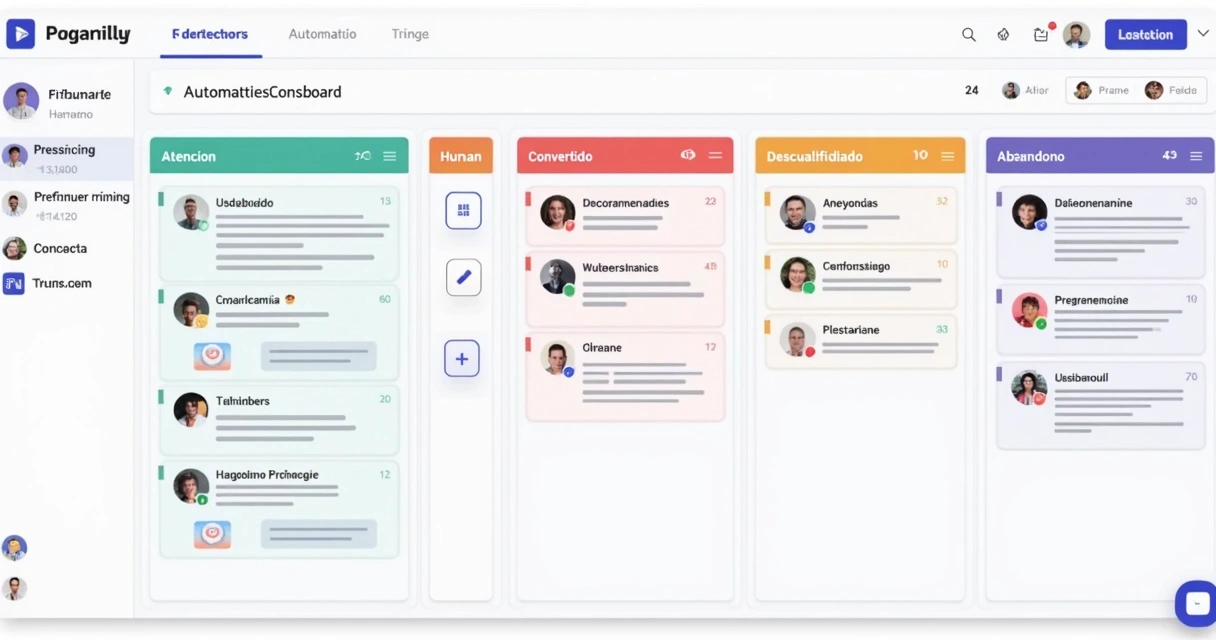 Vista digital de un tablero Kanban automático con columnas de atención, convertido, descualificado y abandono 
