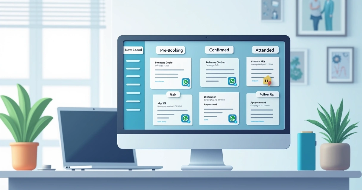 Quadro Kanban mostrando fluxos de agendamento de consultas integrados ao WhatsApp 