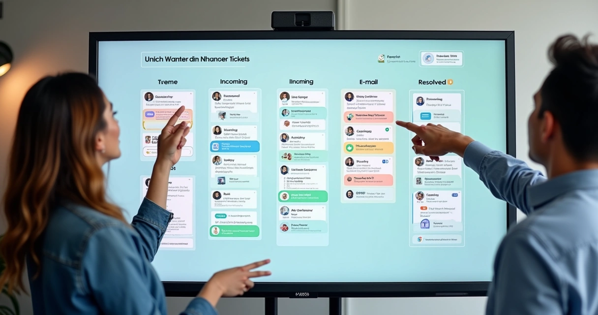 Quadro Kanban digital com cards de atendimento dos três canais integrados