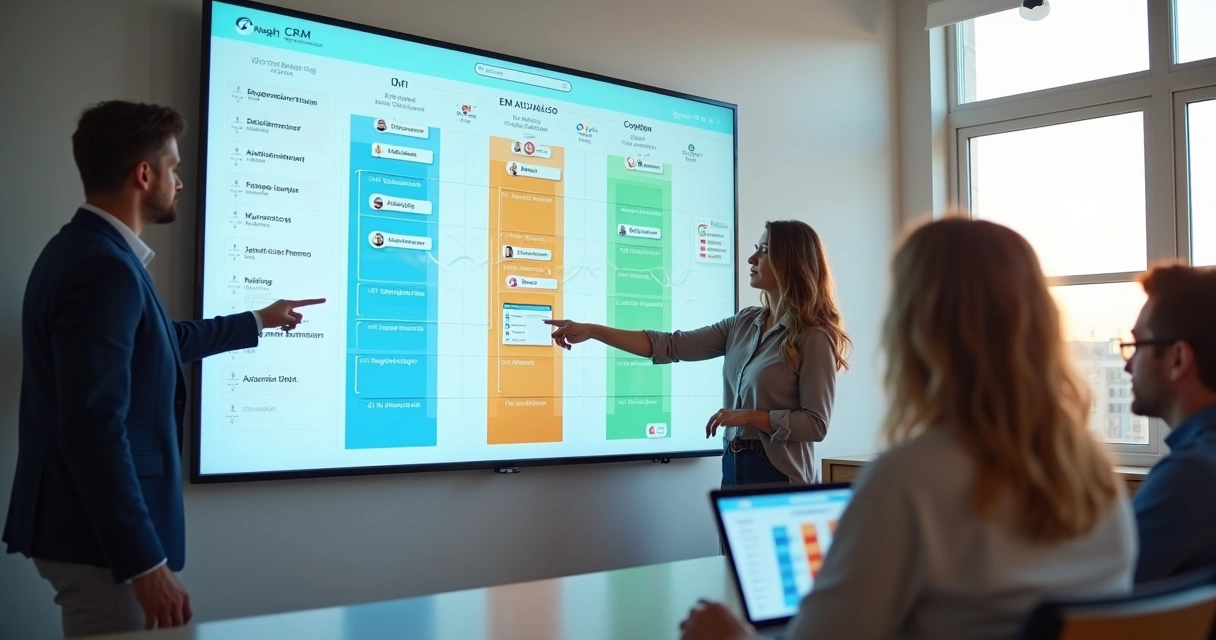 Quadro Kanban digital com equipe analisando cards de clientes em um painel CRM 