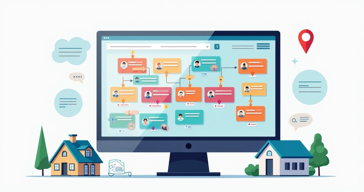 Quadro Kanban digital de vendas imobiliárias com cartões coloridos 