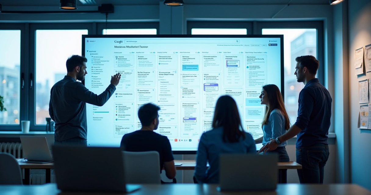 Board Kanban digital de empresa sendo usado por equipe de tecnologia 