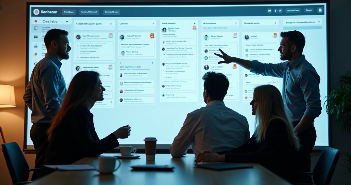 Quadro kanban digital projetado em tela com equipe observando e trocando ideias 