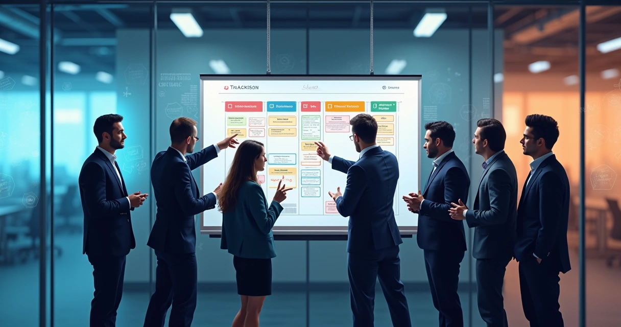 Equipe comercial analisando quadro Kanban digital e funil de vendas em tela grande