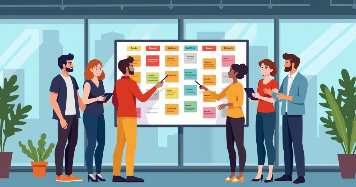 Equipe animada em frente a quadro Kanban colorido, cartões de tarefas em destaque 