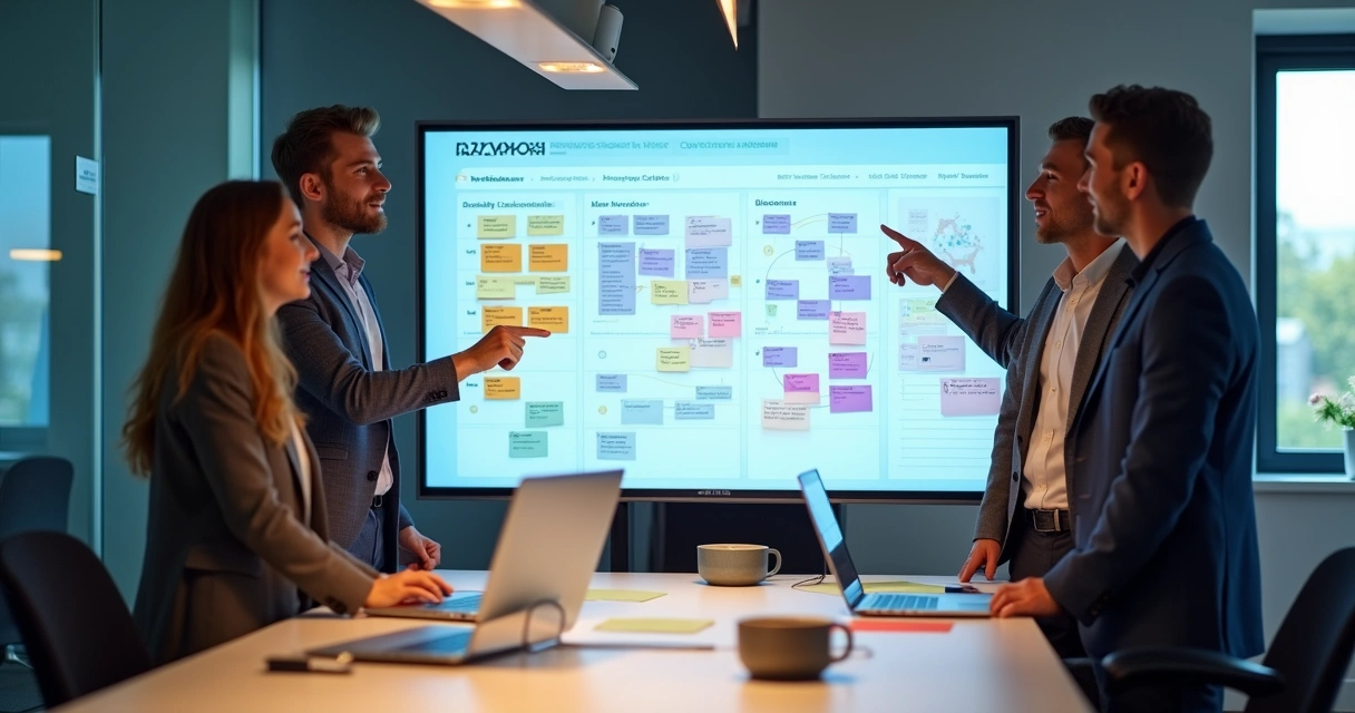 Equipe analisando quadro Kanban digital de vendas 