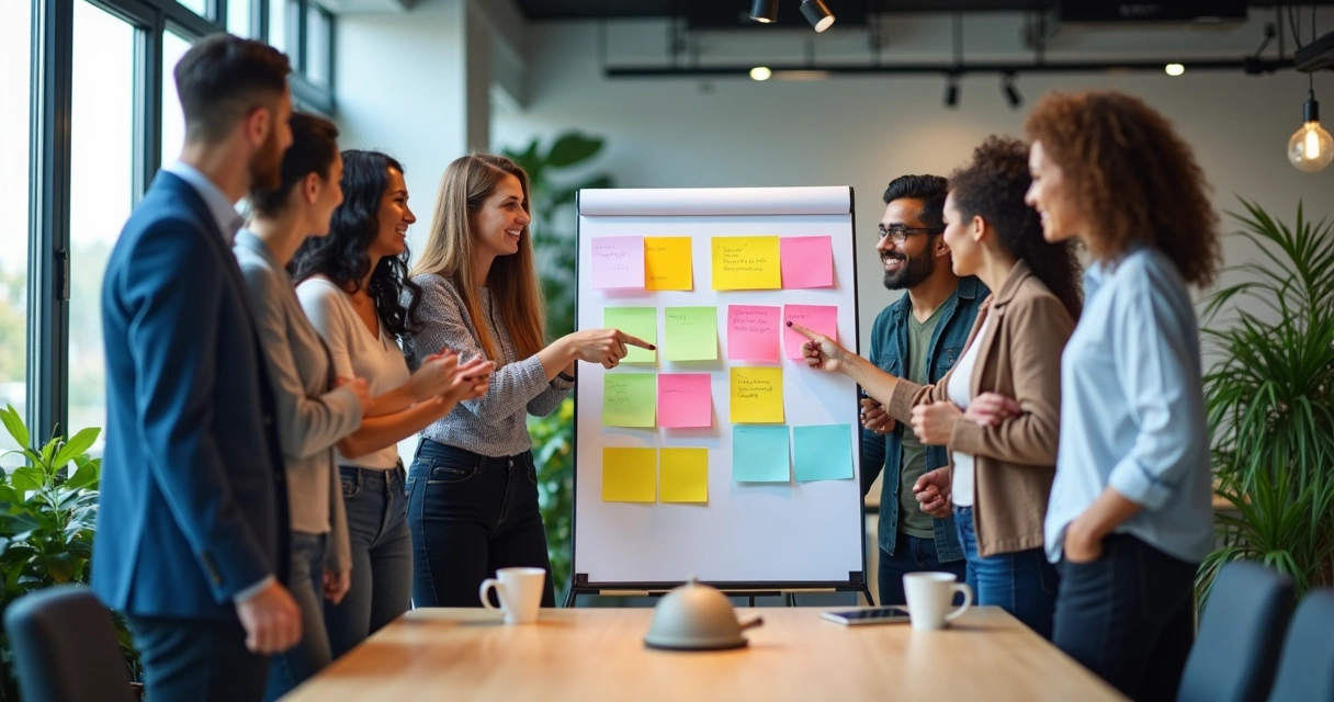 Equipe reunida em frente a quadro kanban discutindo melhorias de processos 