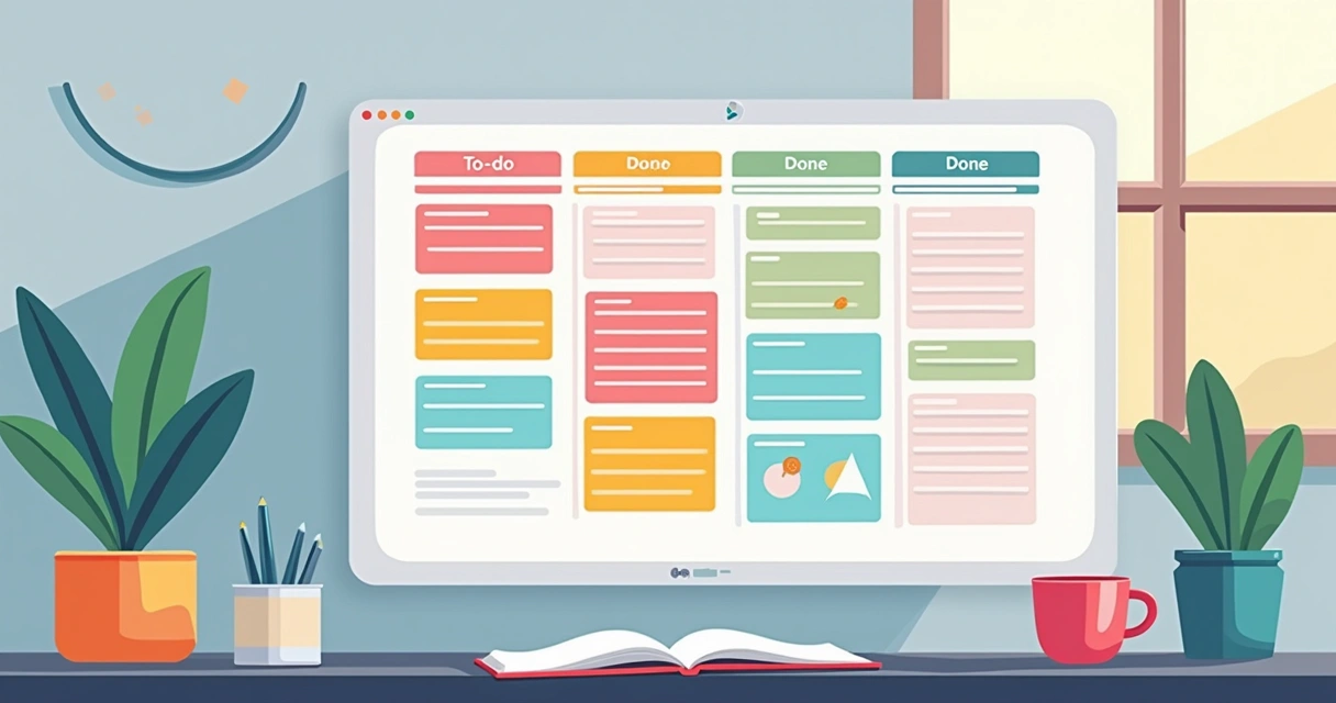 Quadro Kanban colorido de estudos montado no Notion 