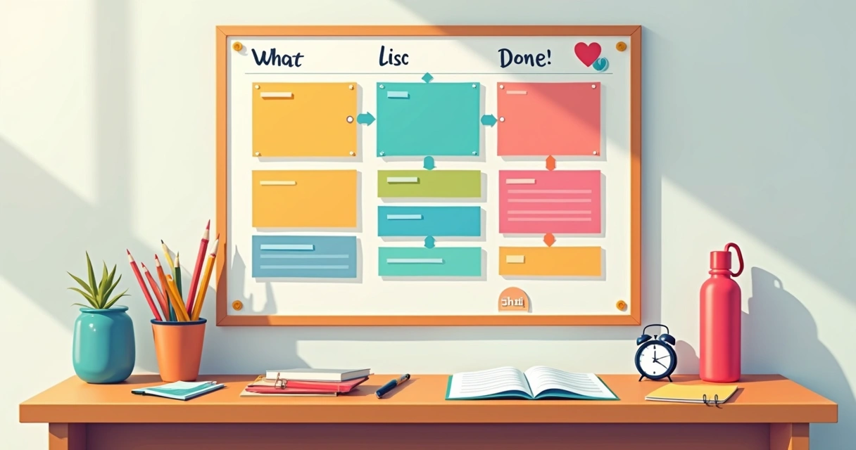 Quadro Kanban de estudos com cartões de tarefas e divisão de colunas 