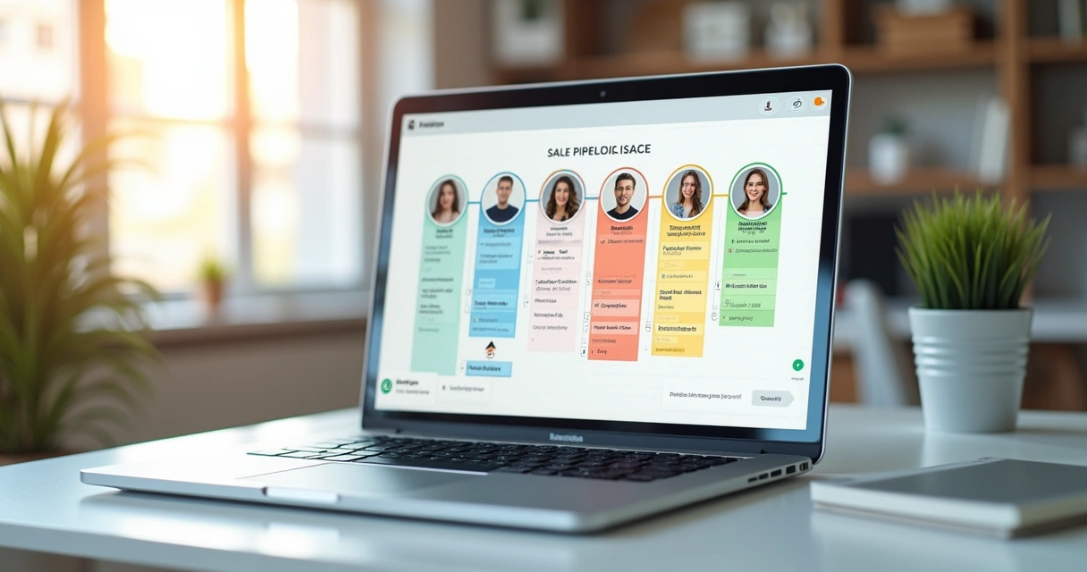 Painel visual Kanban mostrando funil de vendas dividido em etapas, com cartões de contatos e status de negociação