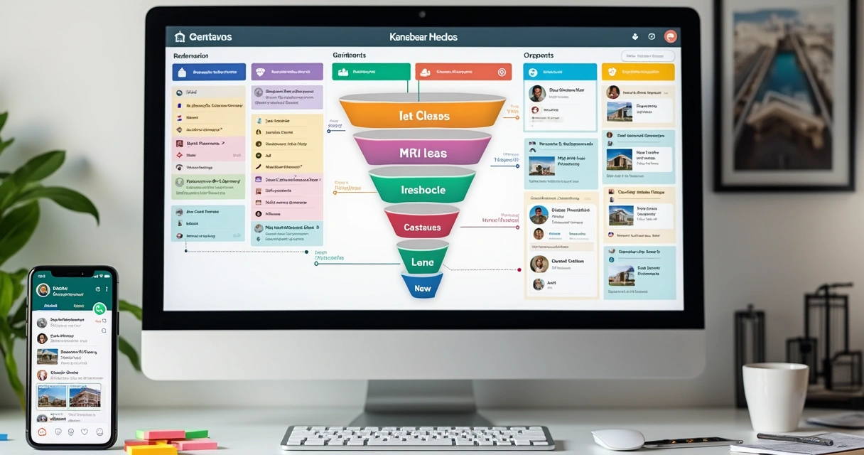 Funil kanban de vendas imobiliárias em uma tela de computador 