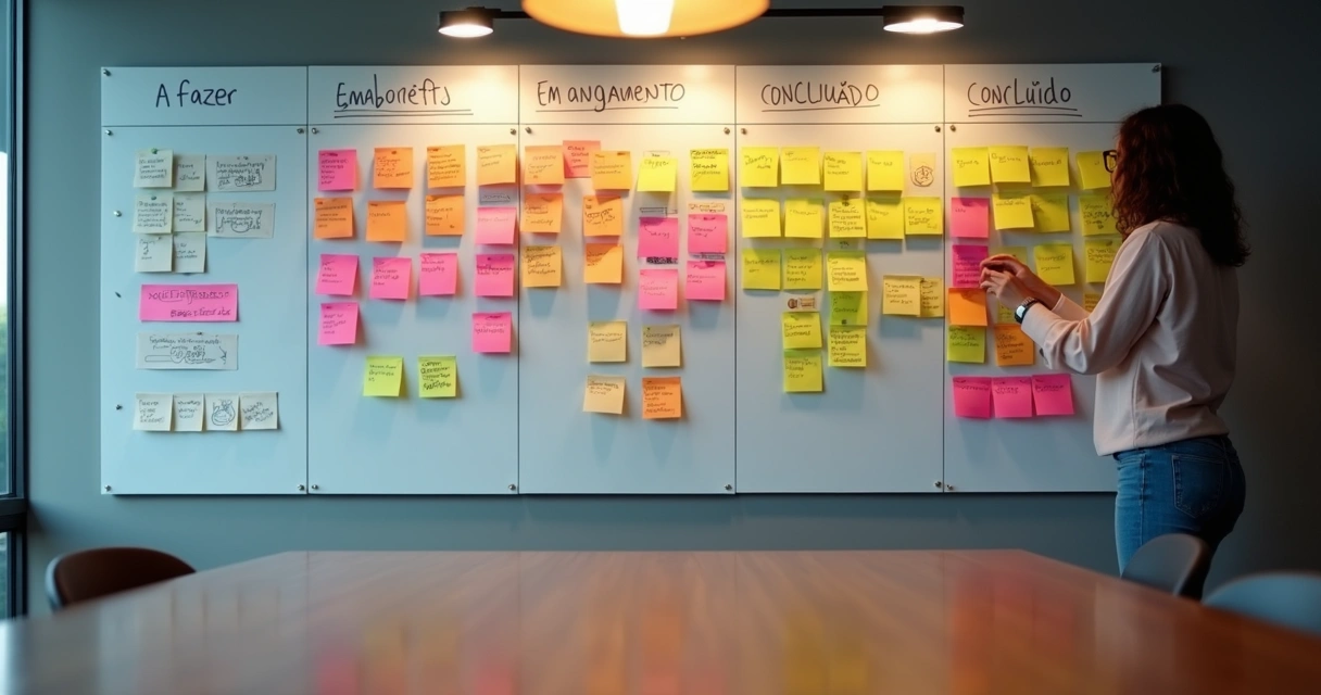 Painel Kanban colorido com tarefas de marketing 
