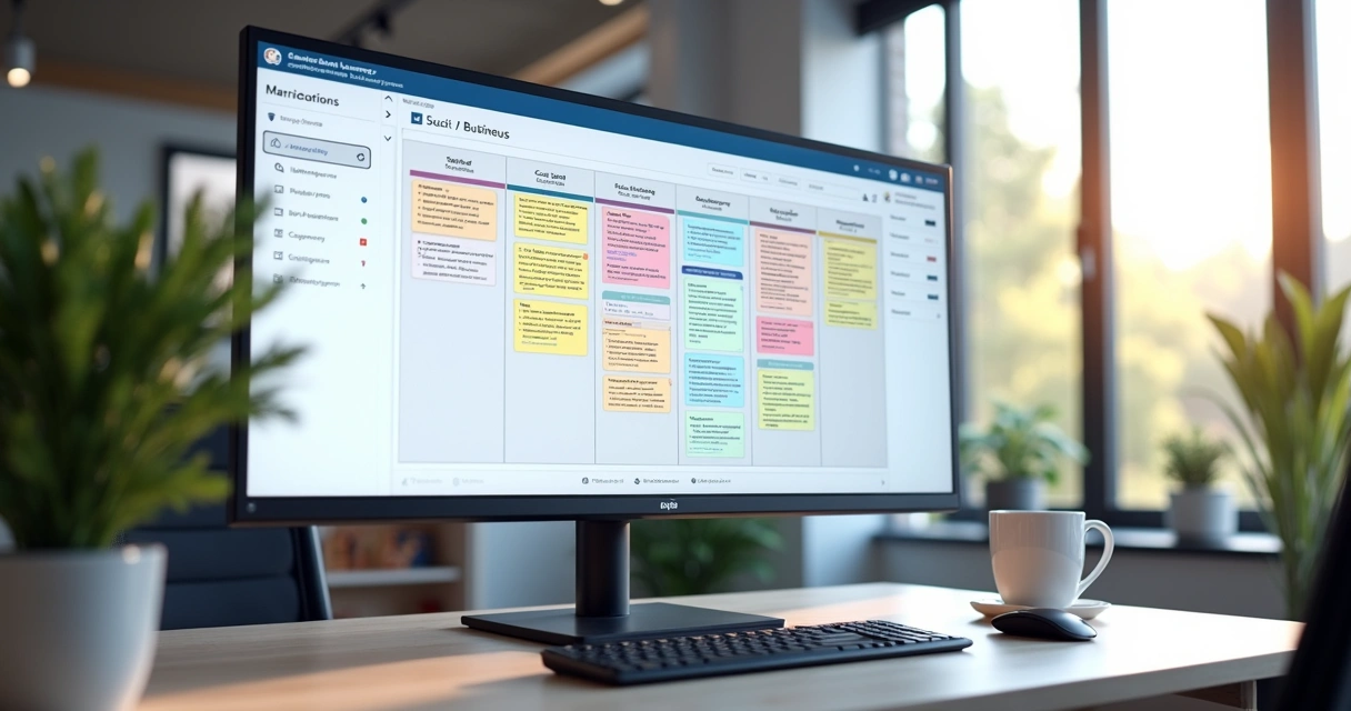 Painel Kanban digital exibido em tela de computador com colunas organizadas e cartões coloridos 