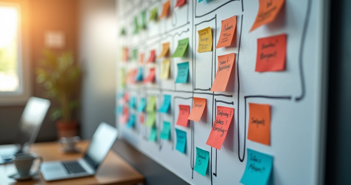 Quadro Kanban com tarefas coloridas de vendas e operações 