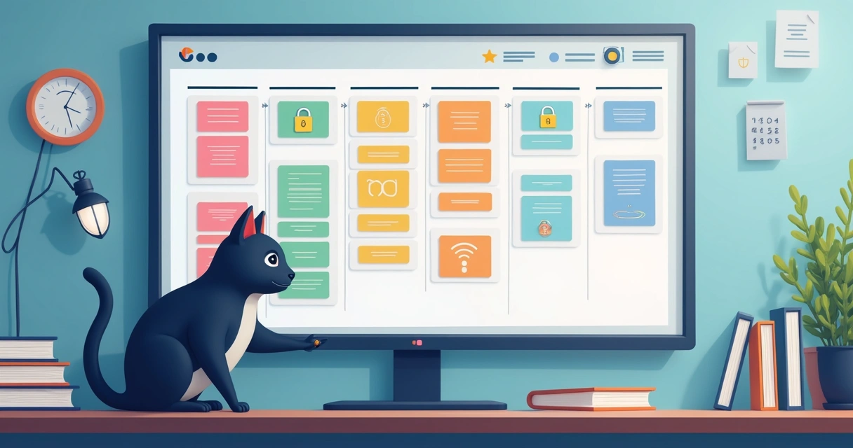 Quadro kanban digital mostrando processo jurídico com ícones de cadeado 