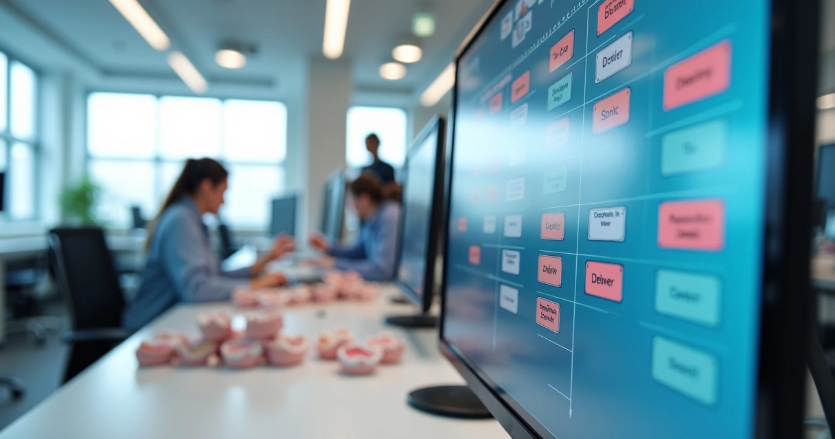 Quadro Kanban digital mostrando o fluxo de próteses em uma clínica 