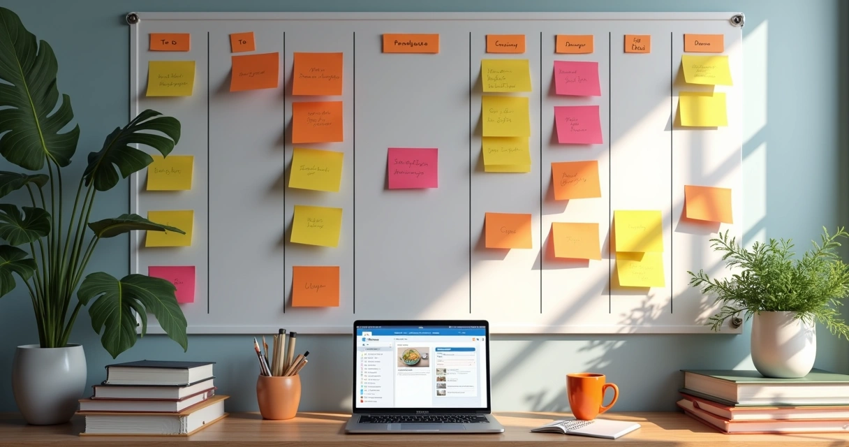 Quadro kanban com tarefas post-it e computador 