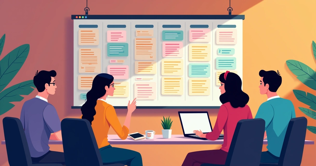 Quadro Kanban colorido no Notion com equipe ao redor trabalhando 