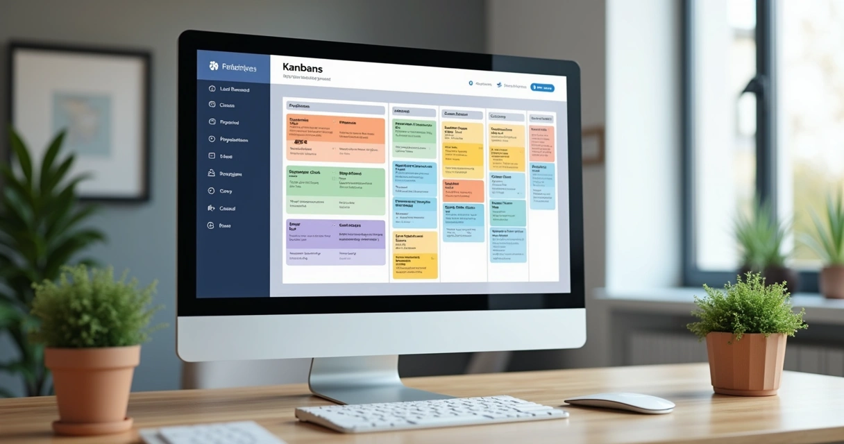 Painel Kanban de vendas imobiliárias em tela de computador, com cartões coloridos, nomes de clientes e etapas do processo. 