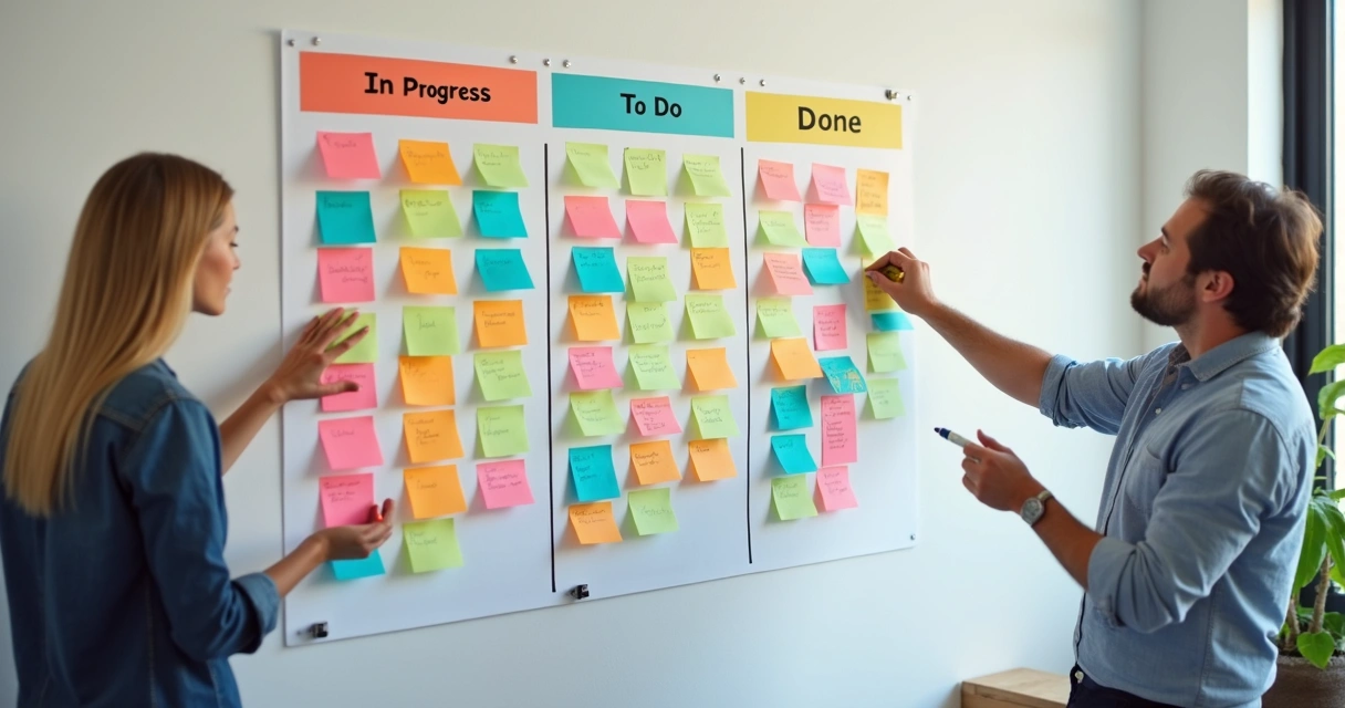 Quadro kanban com post-its coloridos em colunas diferentes 