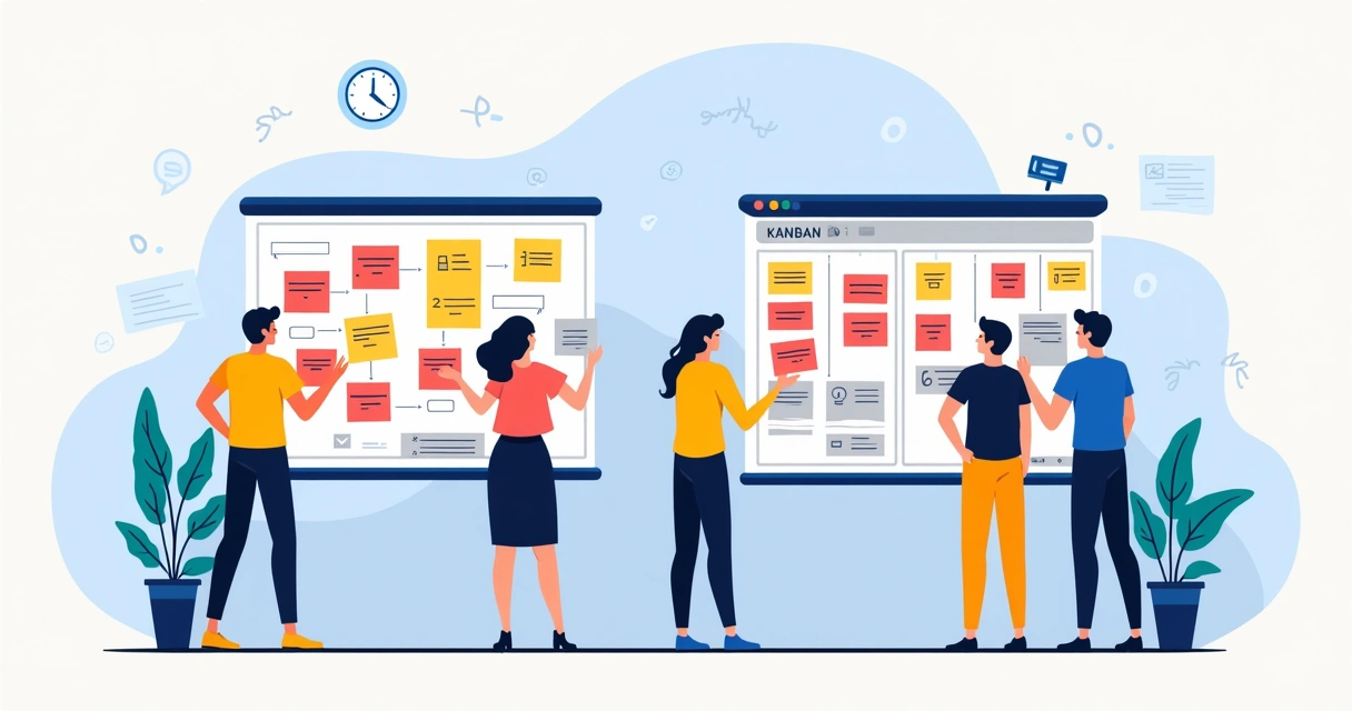 Quadros comparando Scrum com Kanban com listas coloridas e ícones. 