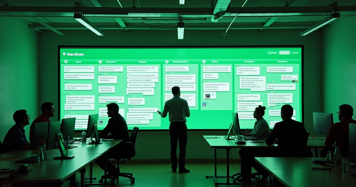 Painel Kanban digital com equipes movimentando cartões 