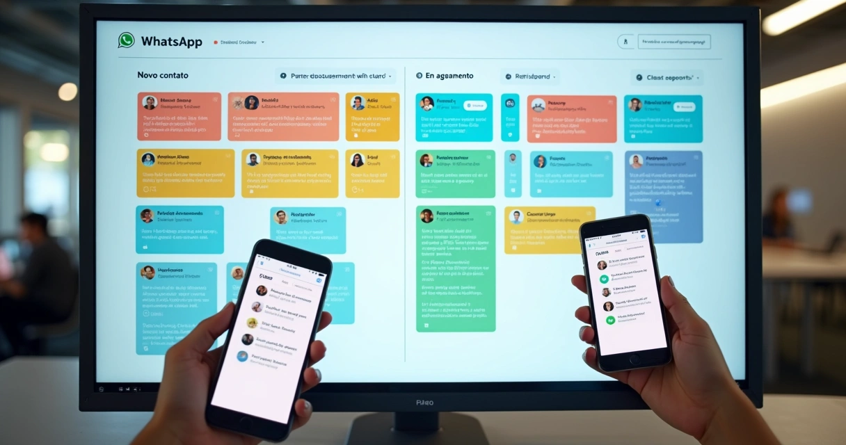 Painel Kanban digital com tarefas de atendimento WhatsApp, cartões com nomes e estágios