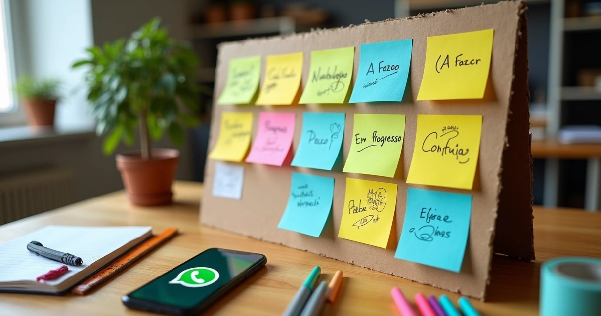 Painel kanban de papelão com ícones de WhatsApp sobre mesa de trabalho 