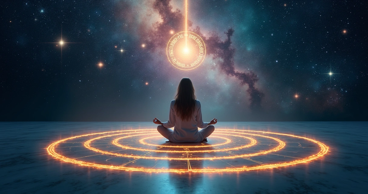 Caminho em espiral com símbolos astrológicos ao redor de mulher em meditação 