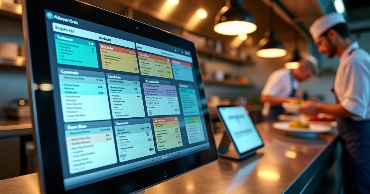 Tela de KDS exibindo pedidos na cozinha de restaurante moderno 
