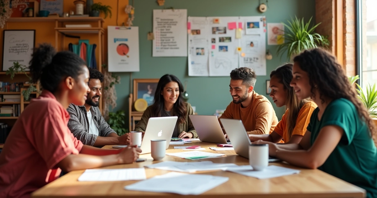Empreendedoras reunidas discutindo negócios em espaço comunitário