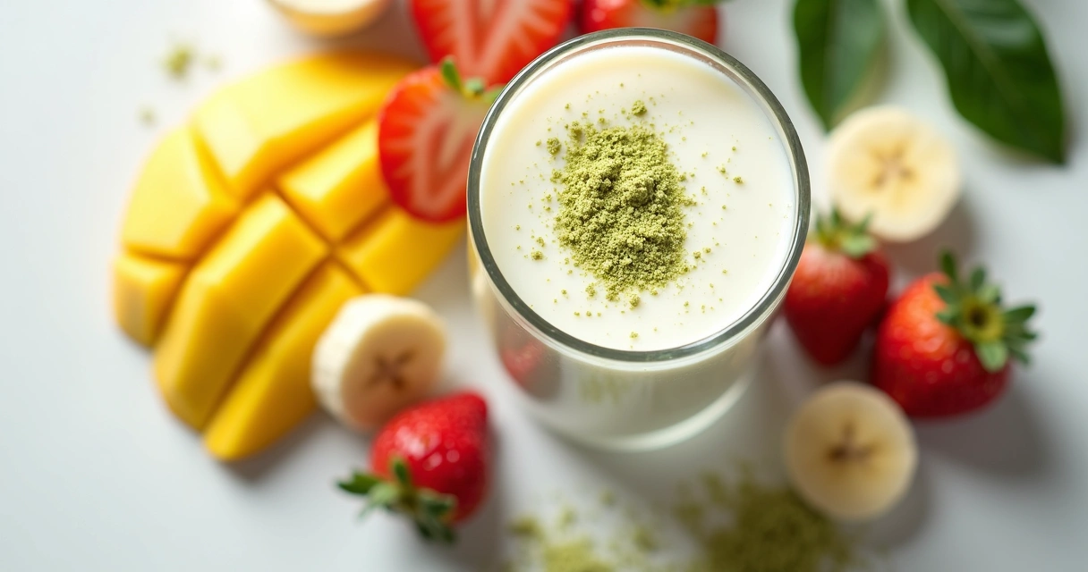 Taça de kefir com moringa acompanhada de frutas e folhas de moringa próximas. 