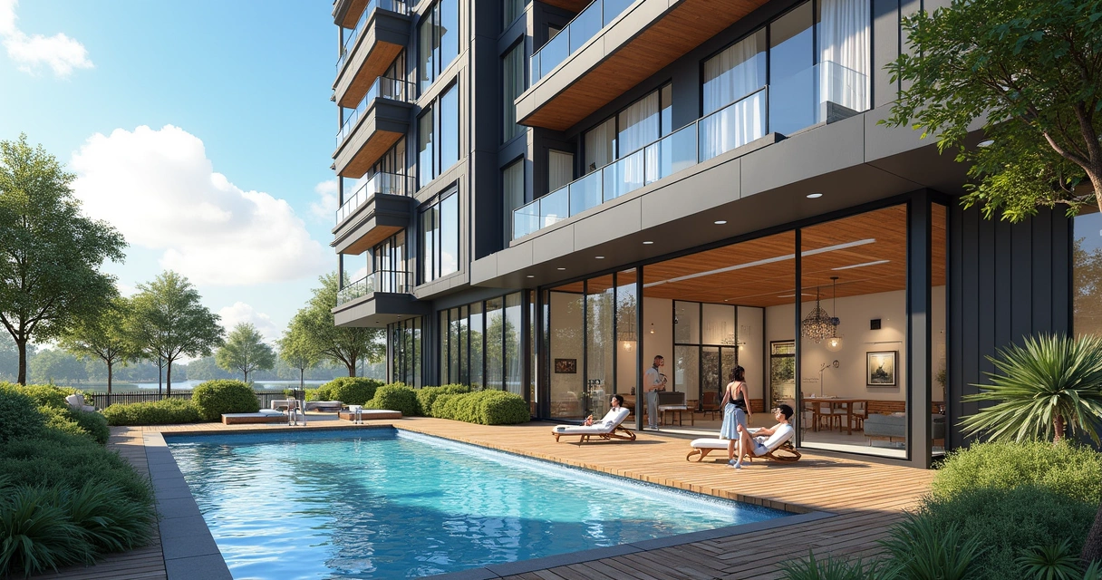 Facade of Kelson Apartments, modern building surrounded by gardens 