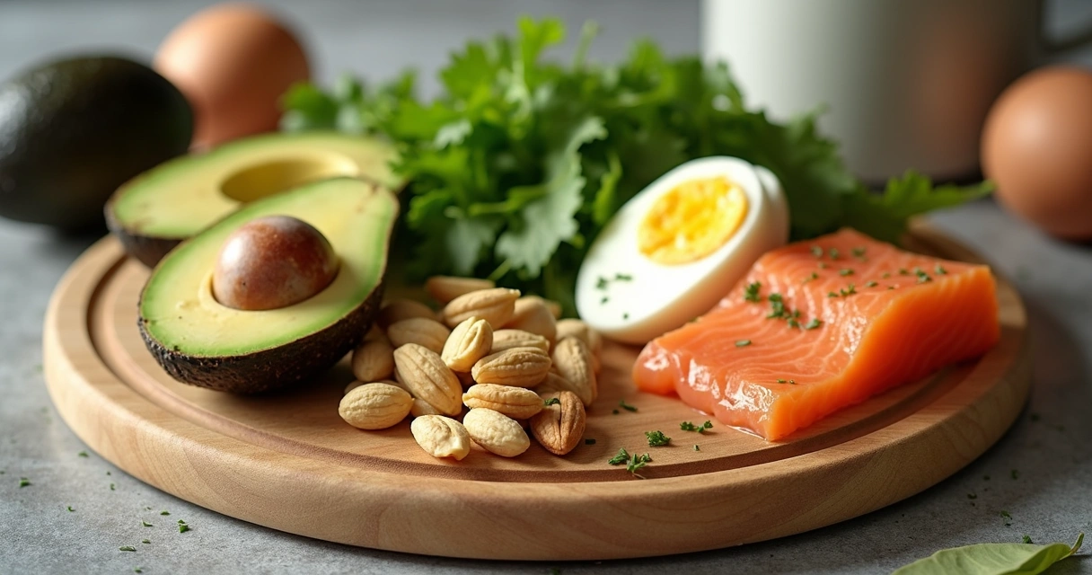 Keto-friendly ingredients arranged on kitchen board